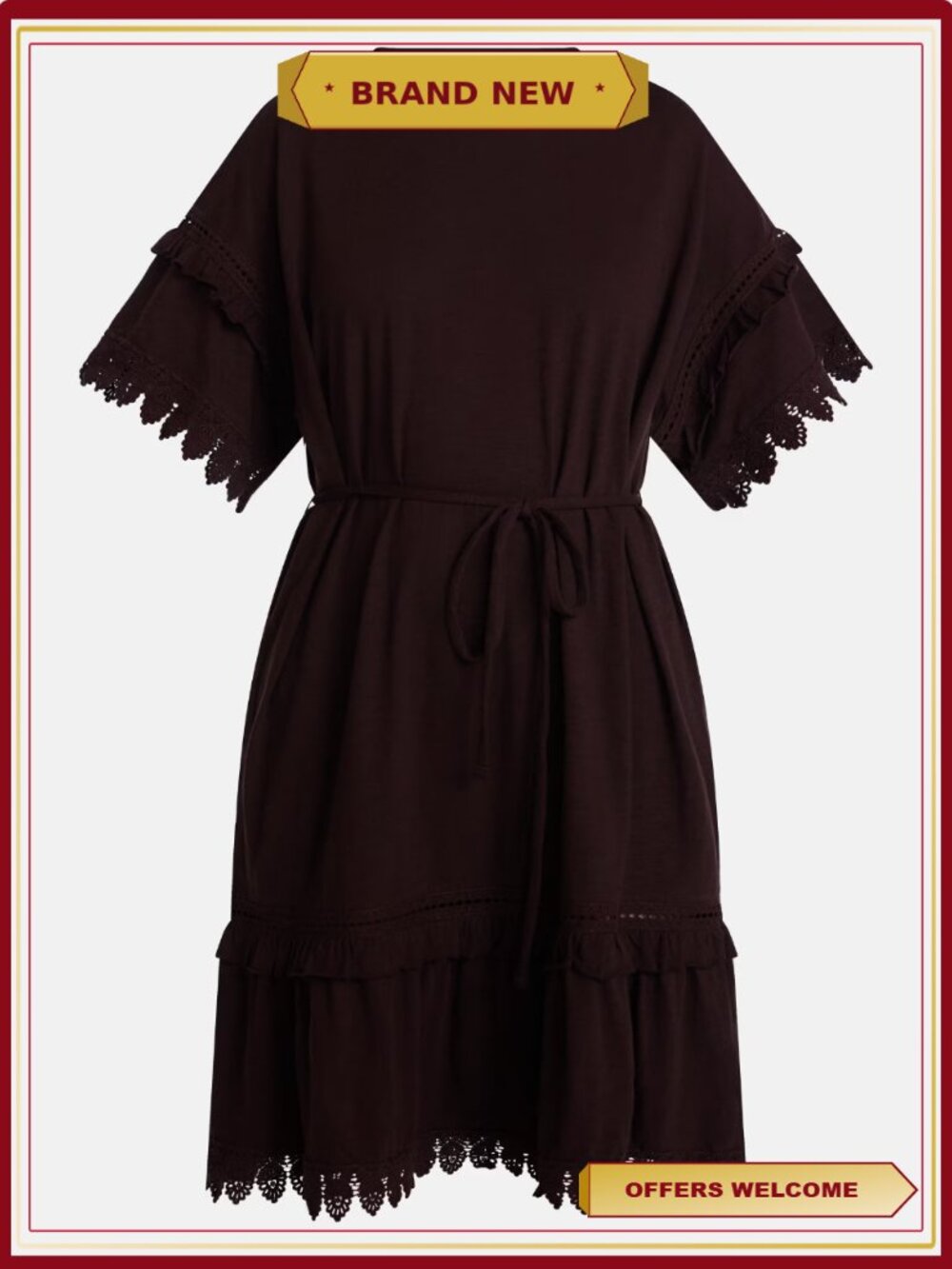Lace Trim Knit Dress Short Sleeves Tie Waist Pullover - Picture 5 of 5